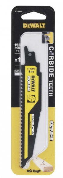 Полотно DEWALT DT20440, для сабельных пил по дереву, карбидные зубья 6TPI, 152 мм (DT20440-QZ)