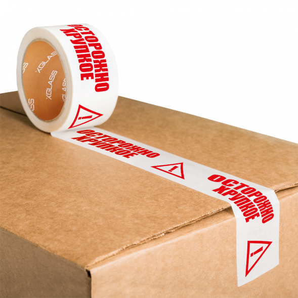 Скотч Xglass 6605 с логотипом &amp;quot;Осторожно хрупкое&amp;quot;, белая, 50 мм 66 м
