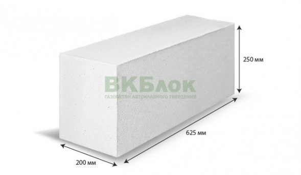 Блок из газобетона ВКБлок, 625x200x250мм, D500