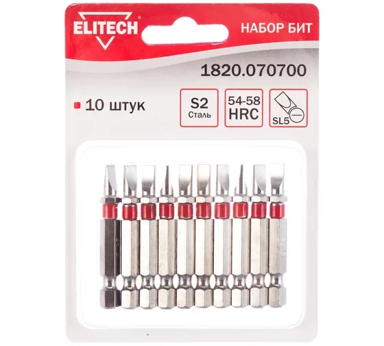 Биты (10 шт; SL5; 50 мм; S2; 54-58 HRC) Elitech 1820.070700