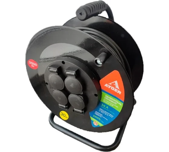 Удлинитель силовой АYGER КГ 3x1,5, 30 м, на металлической катушке, IP 44, c заземлением