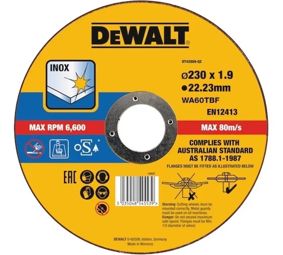 Круг отрезной по металлу DEWALT DT43909, 230x22.2x1.9 мм