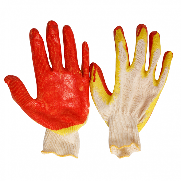 Перчатки ХБ защитные строительные с двойным латексным покрытием, красные