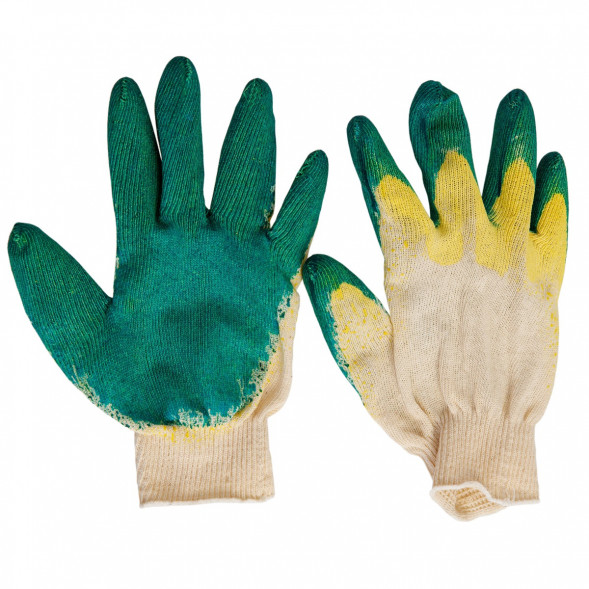 Перчатки ХБ защитные строительные с двойным латексным покрытием, зеленый