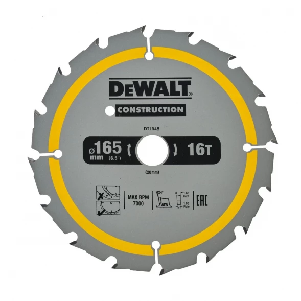 Диск пильный по дереву DEWALT CONSTRUCTION DT1948, 165х20х1 мм 