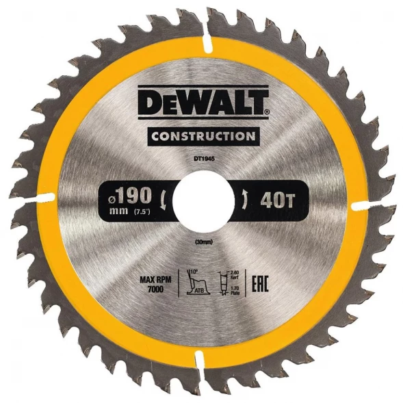 Диск пильный по дереву DEWALT CONSTRUCTION DT1945 , 190х30х1.7 мм 