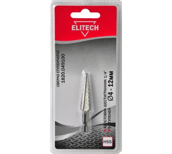 Сверло ступенчатое (4-12 мм; 9 ступеней; HSS; 1/4HEX) Elitech 1820.049100