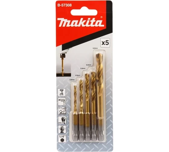 Набор ударных сверл по металлу HSS-TiN 1/4&amp;quot;, 5 шт Makita B-57308