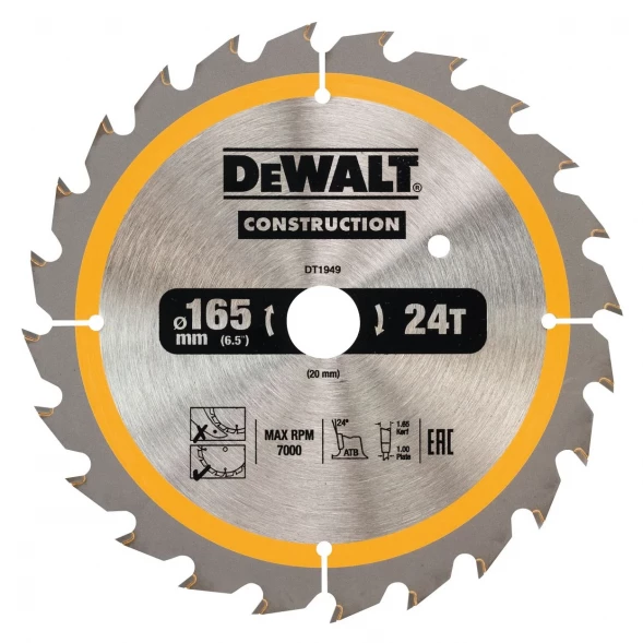 Диск пильный по дереву DEWALT CONSTRUCTION DT1949, 165х20х1 мм 