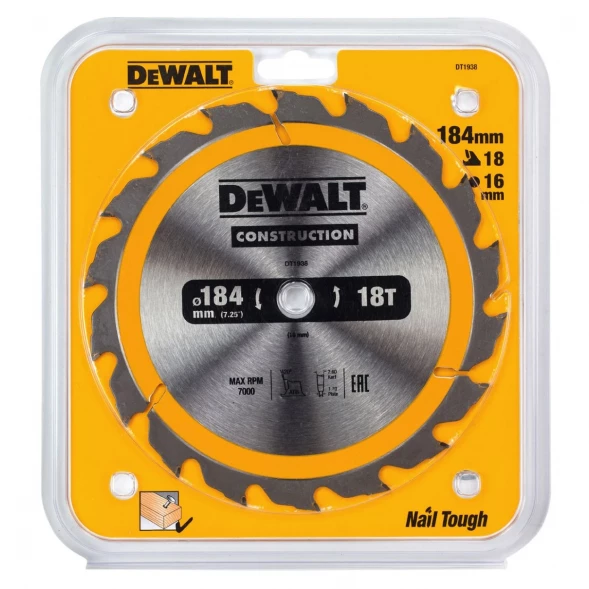 Диск пильный по дереву DEWALT CONSTRUCTION DT1938, 184х16х1.7 мм 