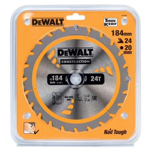 Пильный диск DEWALT CONSTRUCTION DT1951, 184/20 мм.