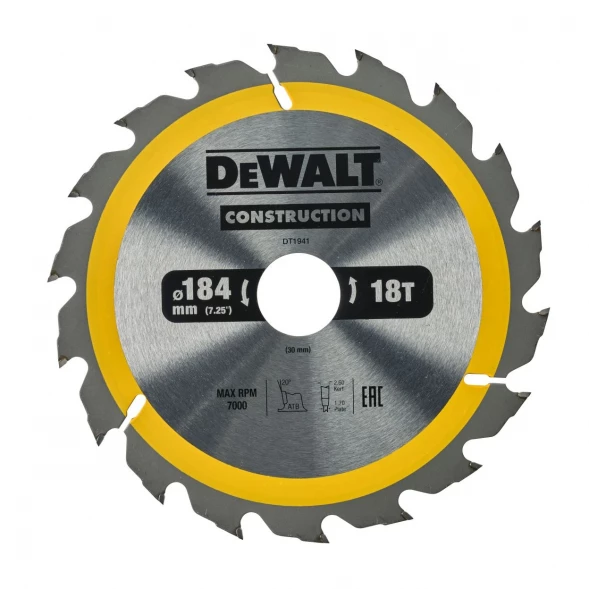 Диск пильный по дереву DEWALT CONSTRUCTION DT1941, 184х30х1.7 мм 