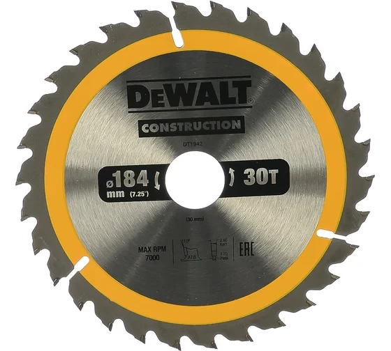 Диск пильный по дереву DEWALT CONSTRUCTION DT1942, 184х30х1.7 мм 