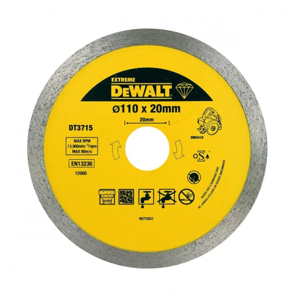 Диск алмазный сплошной по керамике DEWALT EXTREME DT3715, для плиткореза DWC410, 110 x 20