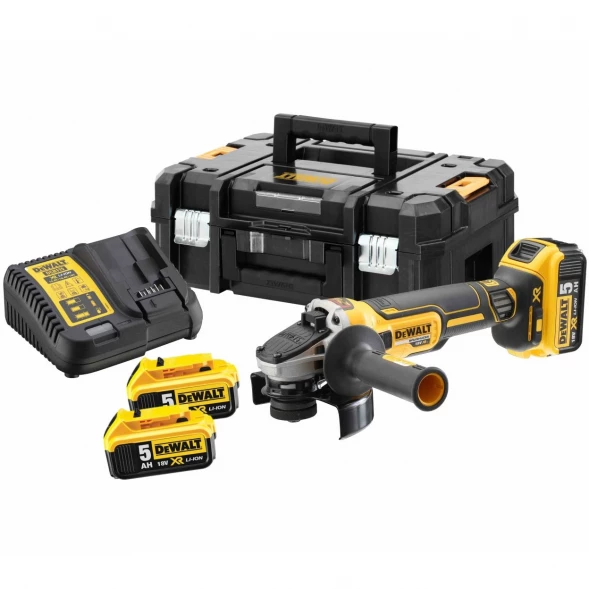 Угловая шлифмашина аккумуляторная DEWALT DCG405P3, 18 В, 125 мм, 9000 об/мин, с 3 АКБ 5 Ач и ЗУ, в кейсе TSTAK