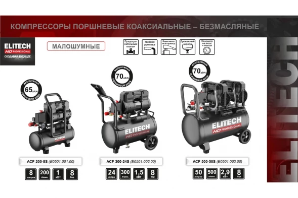 Компрессор безмасляный малошумный Elitech ACF 500-50S (E0501.003.00)