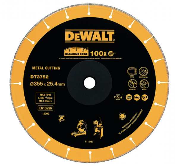 Диск алмазный сегментный (355х25.4х3.5 мм) для сухого реза по металлу DEWALT DT3752 (DT3752-QZ)