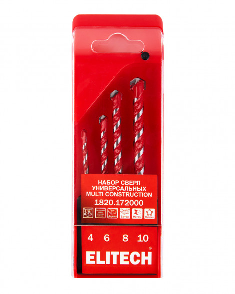 Набор сверл универсальных Multi Construction 4, 6, 8, 10 мм Elitech 1820.172000