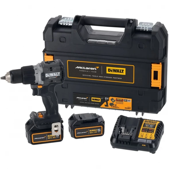 Ударная дрель-шуруповерт DEWALT McLaren Limited Edition DCD85MP2T, 18 В, 2000 об/мин, с 2 АКБ 5 Ач и ЗУ, в кейсе TSTAK (DCD85MP2T-QW)