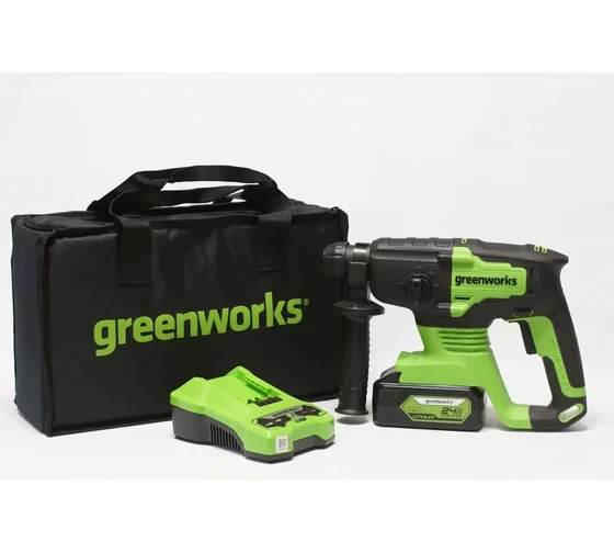 Перфоратор аккумуляторный бесщеточный Greenworks GD24SDS2K4 2 ДЖ, 24V, c 1хАКБ 4 А.ч и ЗУ в сумке