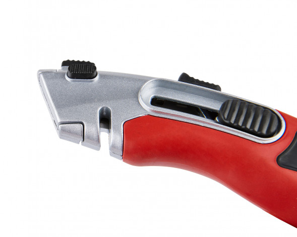 Нож строительный трапециевидное лезвие, фиксация лезвия в 2 положениях, цинк и TPR покрытие Elitech 410601