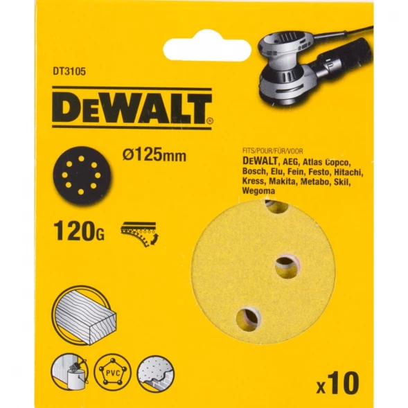 Круги шлифовальные DEWALT DT3105, 125 мм, 8 отверстий, 120G, 10 шт