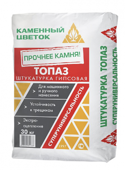 Штукатурка гипсовая Каменный цветок &amp;quot;ТОПАЗ&amp;quot; серая, облегчённая с повышенными теплоизоляционными свойствами, 30 кг