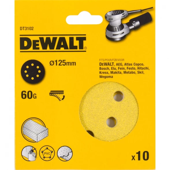 Круги шлифовальные DEWALT DT3102, 125 мм, 8 отверстий, 60G, 10 шт.