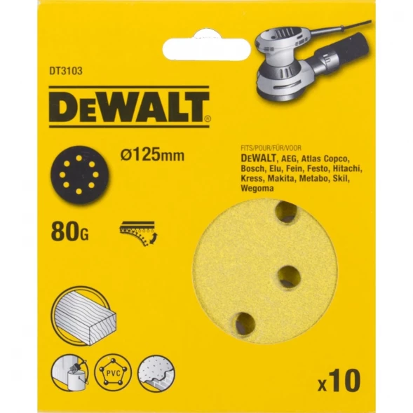 Круги шлифовальные DEWALT DT3103, 125 мм, 8 отверстий, 80G, 10 шт.