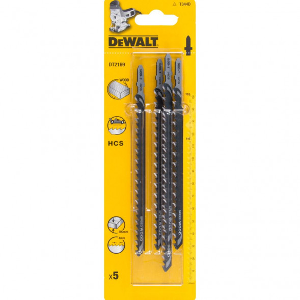 Пилка для лобзика DEWALT DT2169, по дереву из высокоуглеродистой стали, HCS, 152x116x4.0x100 мм, T344D, 5 шт. (DT2169-QZ)