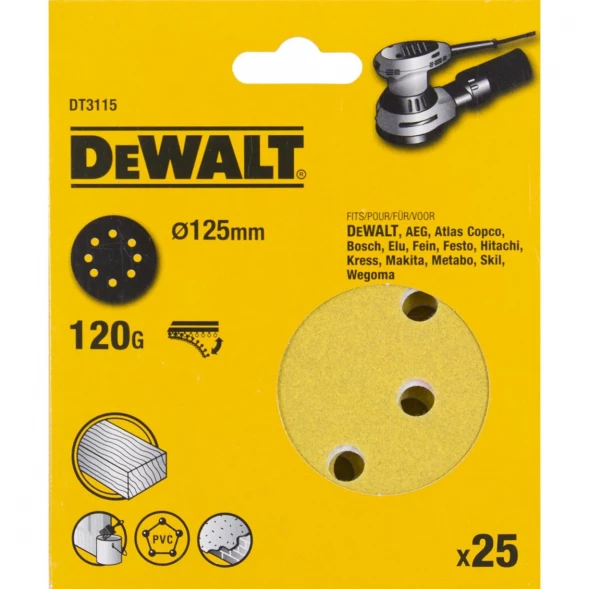 Круги шлифовальные DEWALT DT3115, 125 мм, 8 отверстий, 120G, 25 шт.