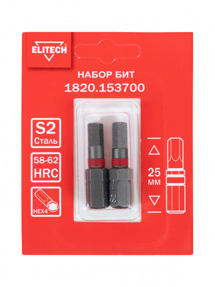 Биты HEX4 25 мм, 2 шт ELITECH 1820.153700